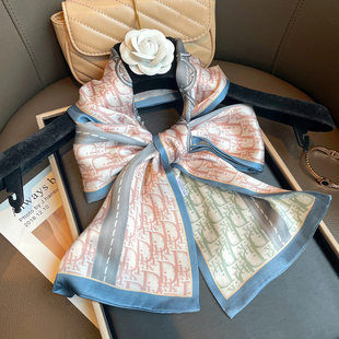 100%真丝桑蚕丝长条丝巾女大牌双面字母D高级感领巾多功能蝴蝶结