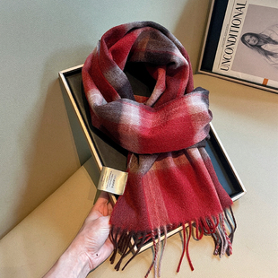 100%羊毛经典酒红格纹大牌围巾女薄秋冬季新款羊绒围脖高级感披肩