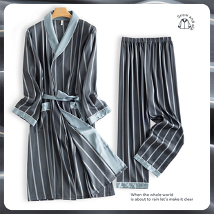 仿真丝绸长款 冰丝睡袍睡衣夏季 浴袍男条纹薄款 长袖 春秋季 套装 男士