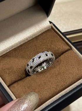 时髦欧美黑色豹纹戒指通体925纯银时尚复古斑点豹子女戒满钻重工