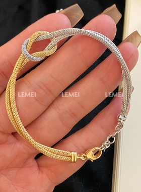 意大利银 编织纹麻绳打结马蹄楼手链通体925纯银金色双色进口工艺
