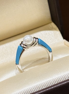 新款高级感蓝松绿松罗缎珍珠戒指通体925纯银女戒蓝色小众设计感