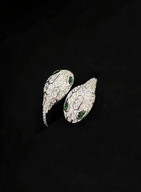 925纯银蛇形戒指绿眼睛蛇头交叉可调节女戒不掉色时尚个性首饰女