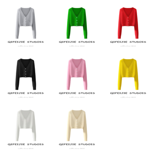 2021新款春夏法国针织开衫女短款高腰露脐黑色v领小外套薄上衣 潮