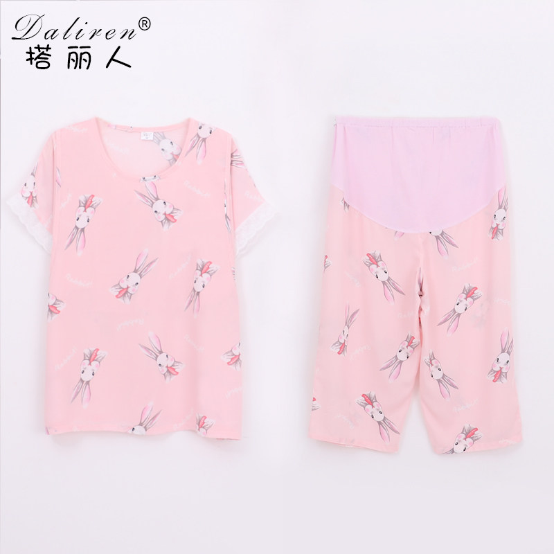 月子服夏薄款产后绵绸孕妇短袖七分裤人造棉哺乳喂奶睡衣托腹套装