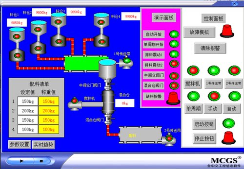 配料系统MCGS7.7仿真T111，带设定和称重设定和曲线界面开发设计