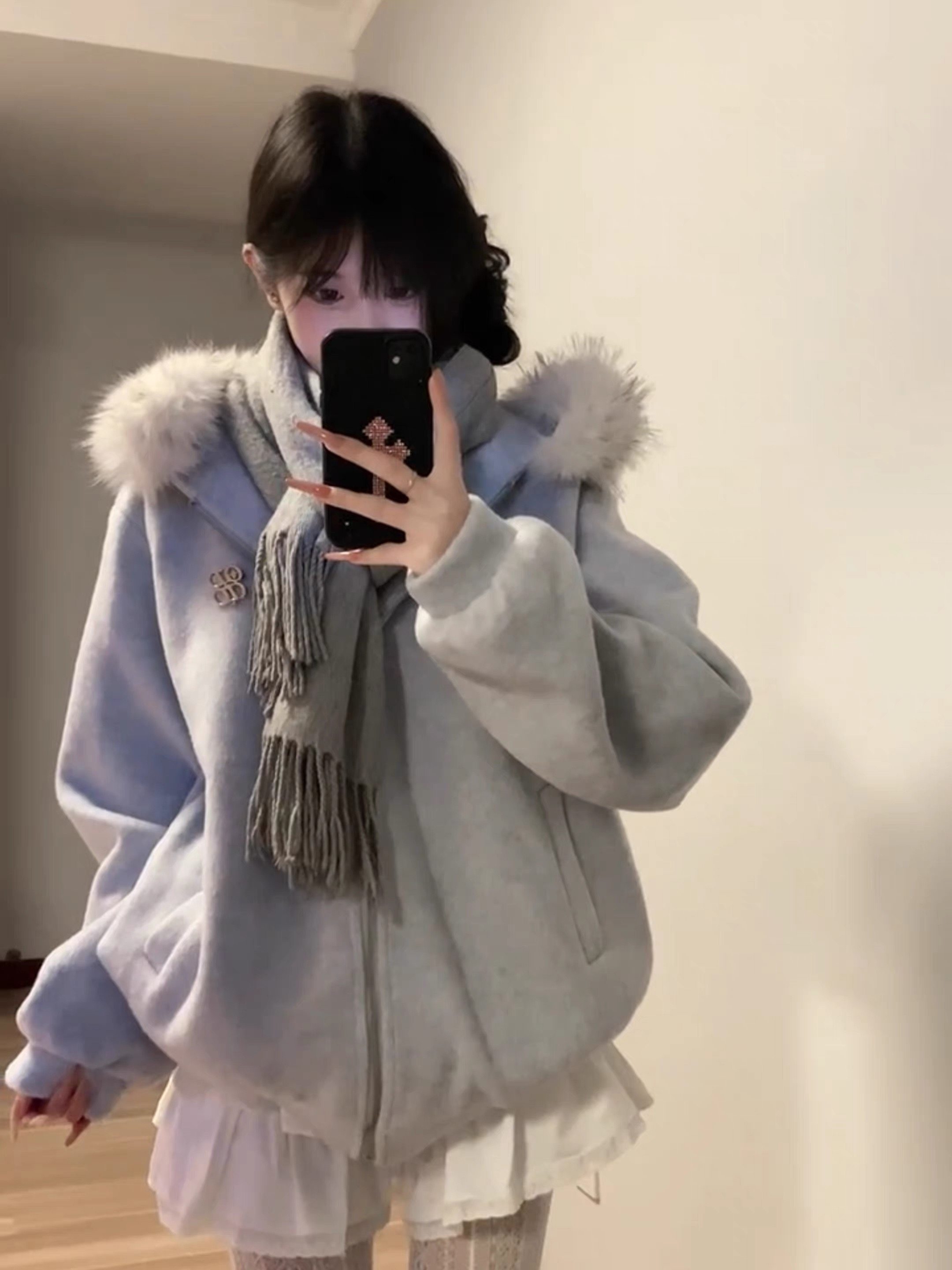 【现货】连帽毛领羊毛呢子大衣夹棉衣/棉服