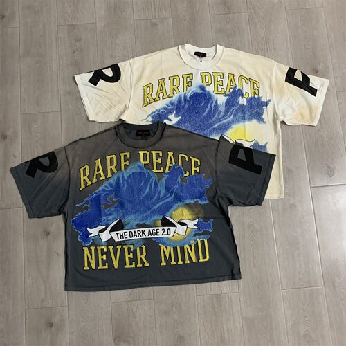 RARE PEACE洗水做旧烫钻印花短袖男女纯棉高街潮牌反缝短宽T恤衫