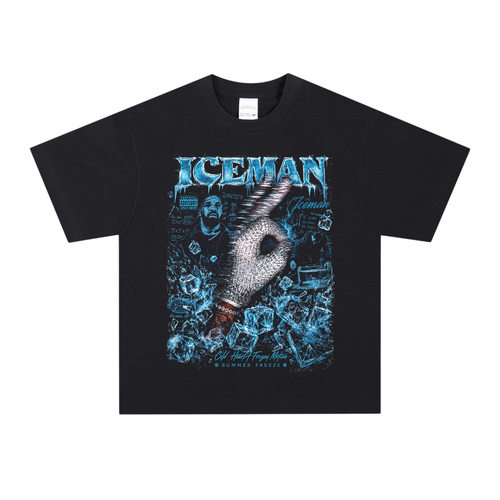 iceman复古嘻哈Drake数码直喷印花透气纯棉长短袖做旧T恤重磅圆领