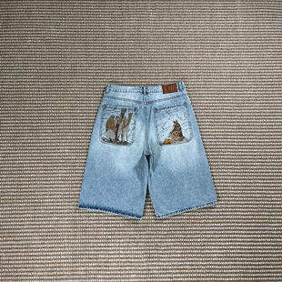 Derschutze Jorts Blue Updated Fit骆驼刺绣牛仔裤五分中裤