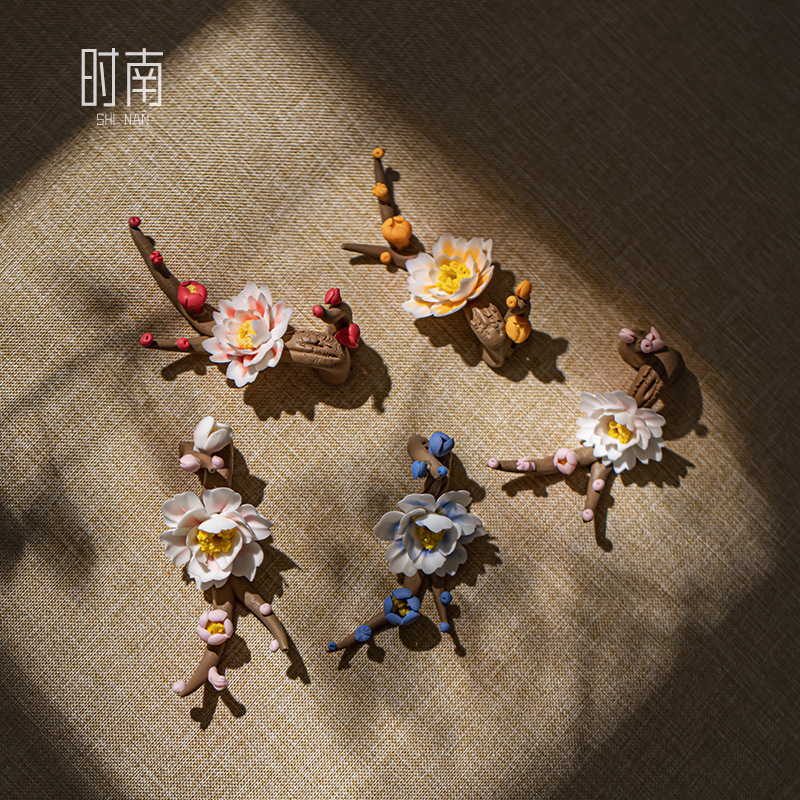 手捏花香插小摆件茶室茶道装饰品陶瓷搁笔架家居创意装饰茶玩茶宠