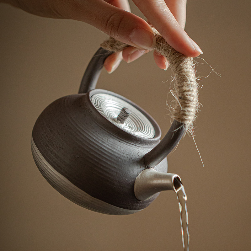 老岩泥提梁壶手工鎏银泡茶壶壶复古不烫手功夫茶具带过滤单壶