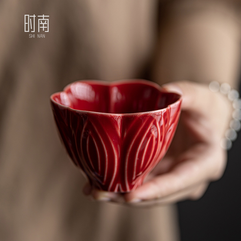 手工玉兰浮雕茶杯陶瓷色釉大号主人杯功夫茶具品茗杯结婚敬茶对杯