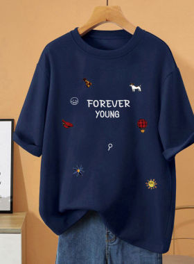 大码女装刺绣短袖t恤女夏欧货高端胖MM2026新款宽松蓝色圆领半袖