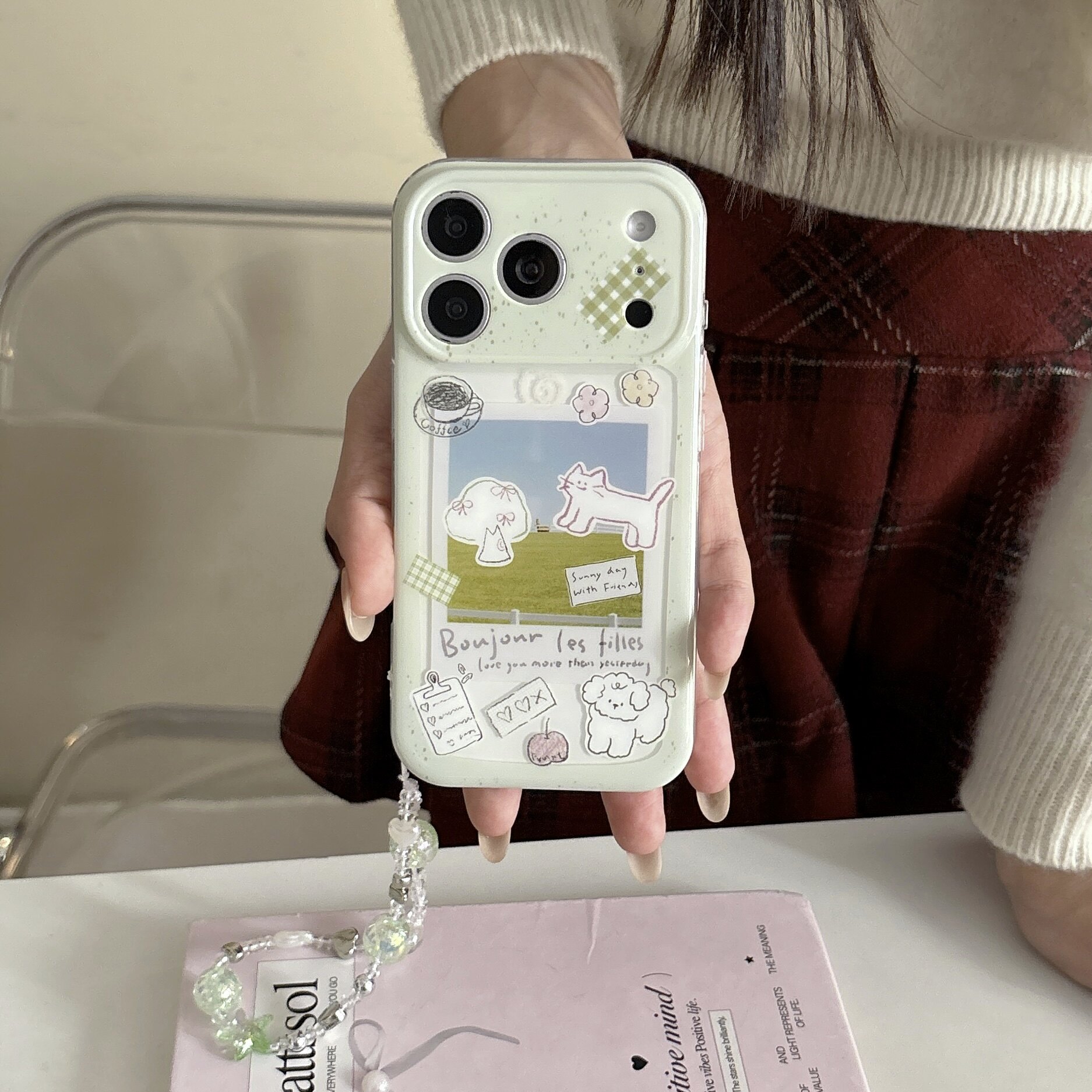 简约抹茶绿插画小狗iphone17promax手机壳17pro小猫16适用苹果16promax带手链16pro女款15pro全包14pro防摔15