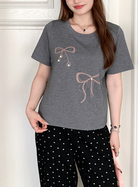 LEO&DADA定制韩系蝴蝶结印花立体珍珠灰色T恤大码胖m小众修身显瘦