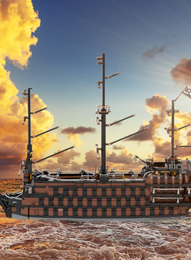 A1137经典棕色海盗船积木摆件MOC-156339小颗粒儿童益智拼装积木