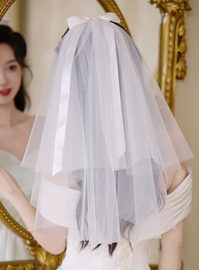 白色蝴蝶结头纱女婚礼拍照蓬蓬纱新娘法式头饰订婚求婚领证头纱