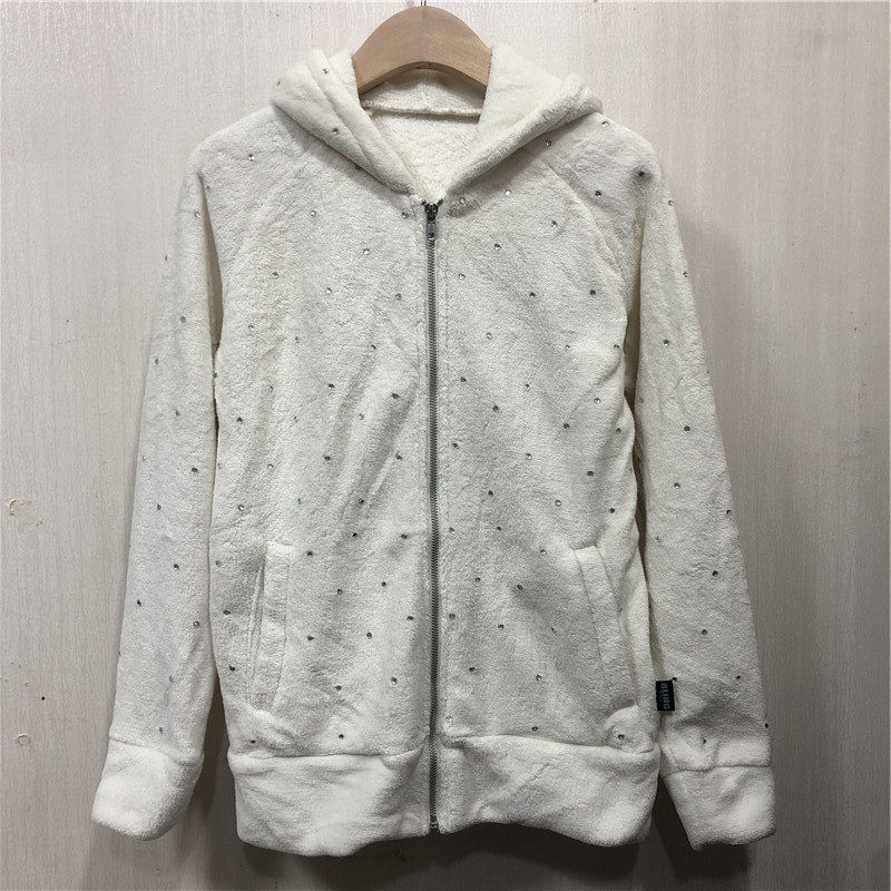 女童秋冬季 温暖舒适白色珊瑚绒拉链衫长袖卫衣 中大童连帽外套