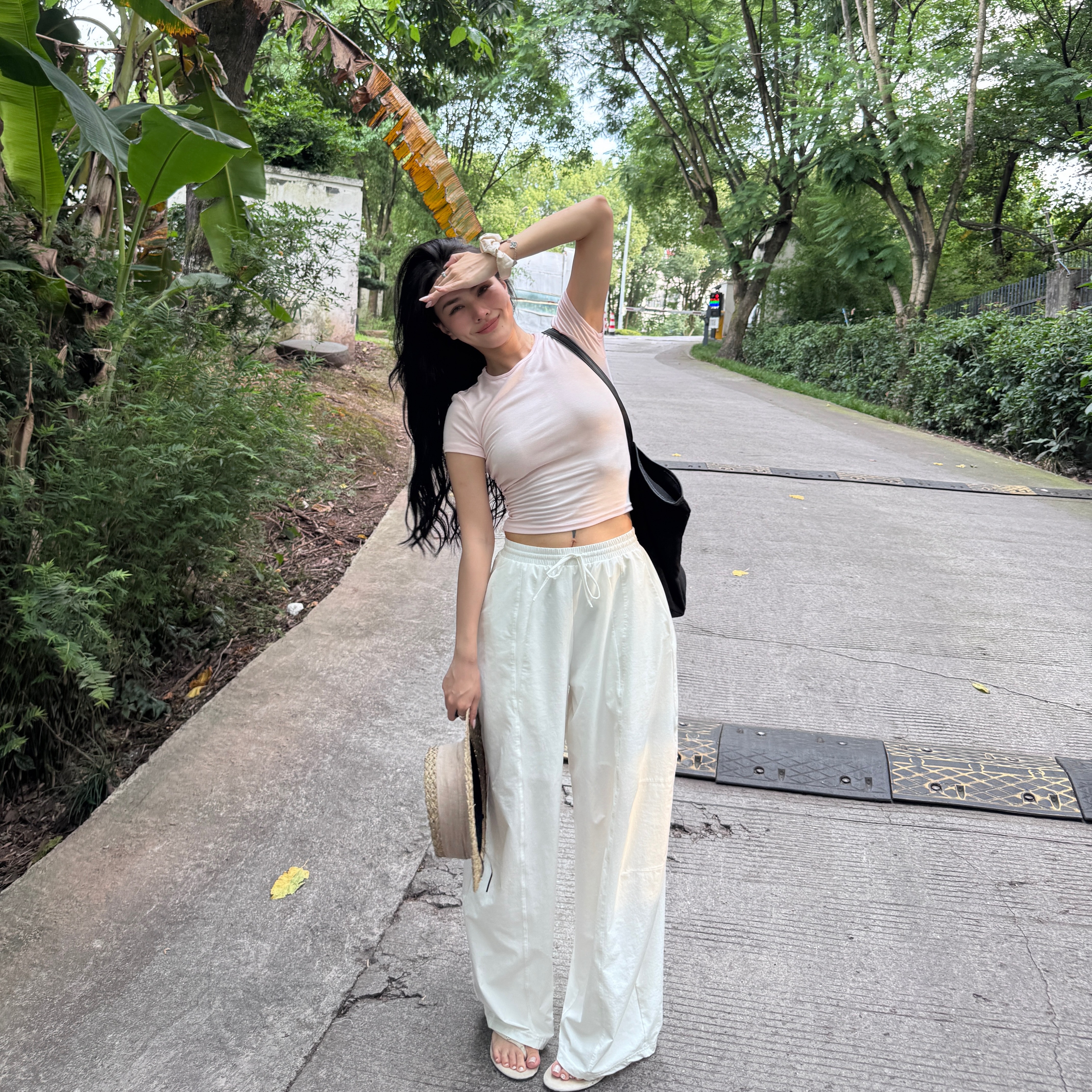 DATOU 三色裤子女呼吸休闲裤夏薄款直筒阔腿宽松慵懒风弯刀裤