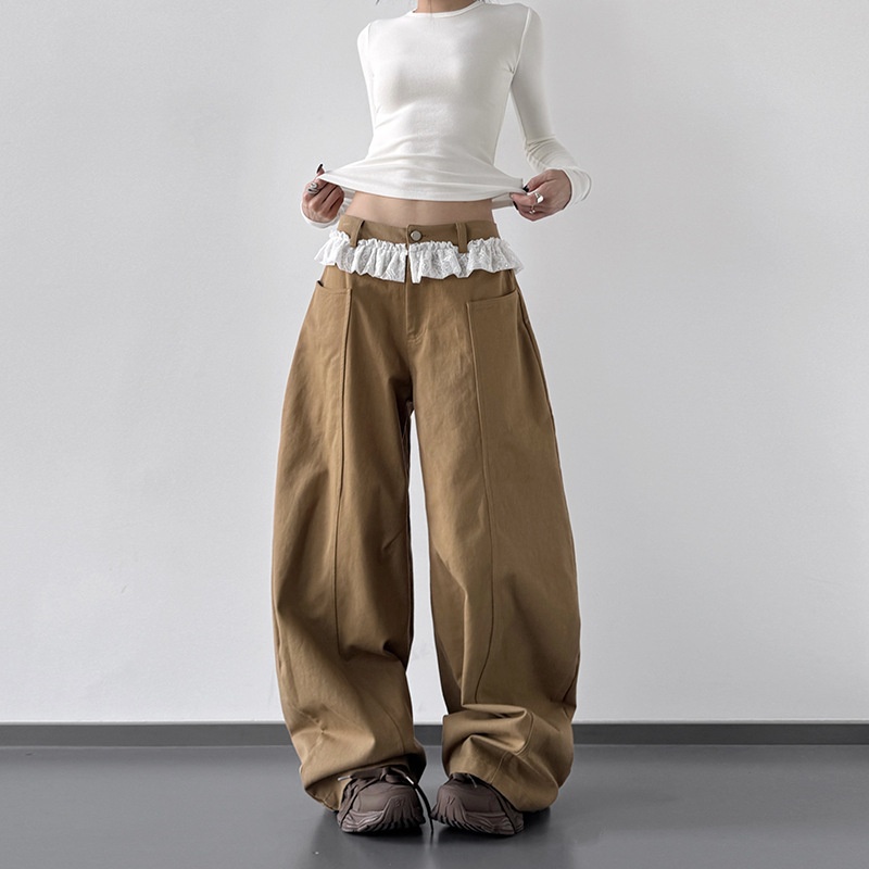 文恭子2025秋季新款美式复古蕾丝拼接纯棉牛仔裤阔腿裤高腰拖地裤
