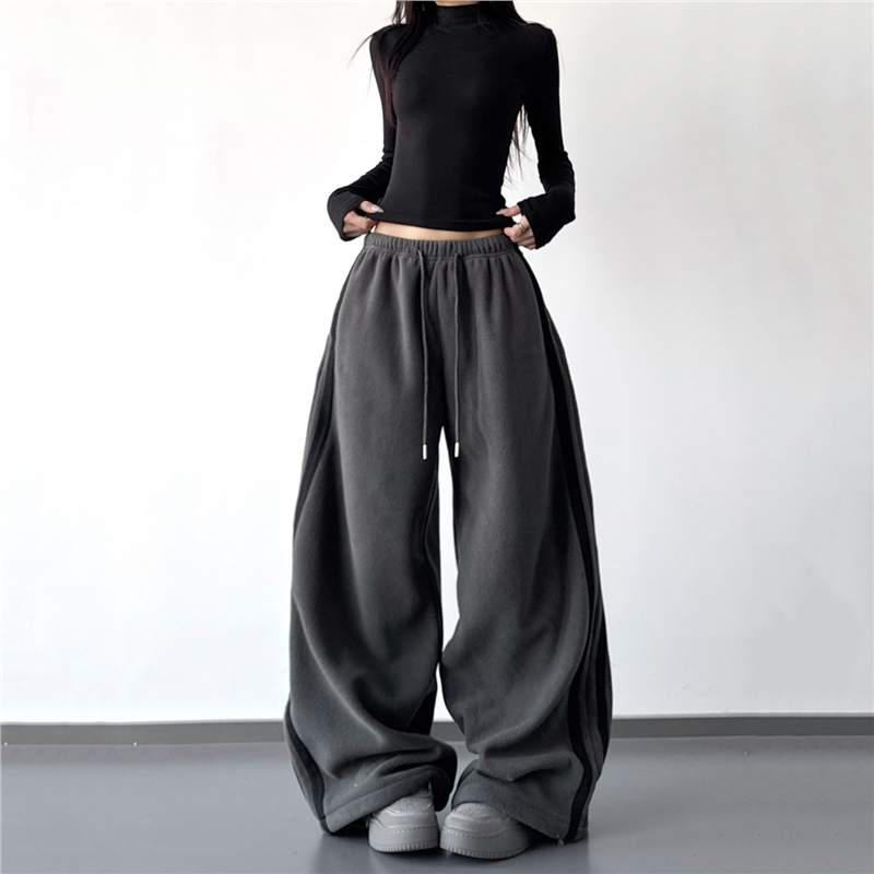 灰色冬季卫裤运动裤女2025新款简约松紧腰宽松显瘦直筒休闲阔腿裤
