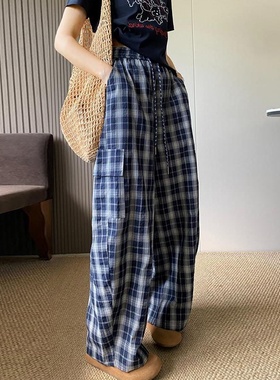 ADER2025秋季美式蓝色格子工装裤女高腰宽松显瘦阔腿裤休闲弯刀裤