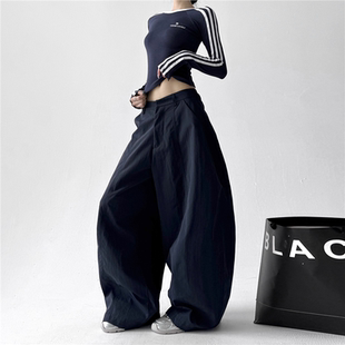 辣妹街头阔腿高腰宽松弯刀休闲运动裤 2025年秋季 裤 文恭子藏青工装
