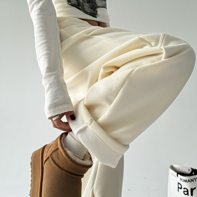 文恭子加绒加厚香蕉裤女秋冬2025新款显瘦休闲卫裤米白色运动裤子