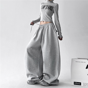 秋季 直筒阔腿裤 2025新款 街头慵懒风休闲运动裤 美式 文恭子灰色卫裤