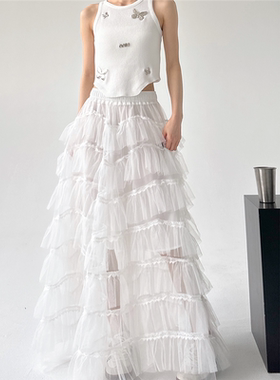 字白色裙长高腰a裙伞蛋糕新款高个子夏季2025半身裙裙女别致裙子