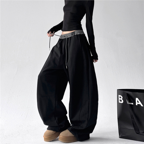 文恭子黑色加绒卫裤冬季新款高腰抽绳休闲运动裤宽松阔腿弯刀裤子