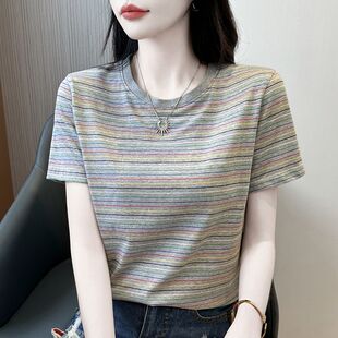 纯棉圆领上衣妈妈洋气小衫 正肩条纹恤女短袖 宽松半袖 2026新款 夏季