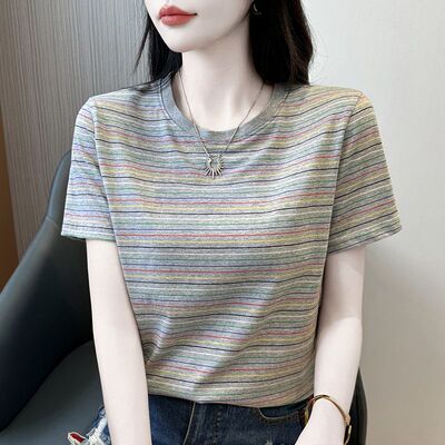 正肩条纹恤女短袖夏季2026新款宽松半袖纯棉圆领上衣妈妈洋气小衫