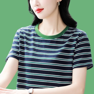 新款 纯棉短袖 胖mm夏装 宽松显瘦休闲半袖 条纹圆领上衣 t恤女士大码