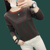 遮肚子纯棉上衣长袖 t恤女宽松大码 条纹秋衣薄款 春秋装 内搭打底衫