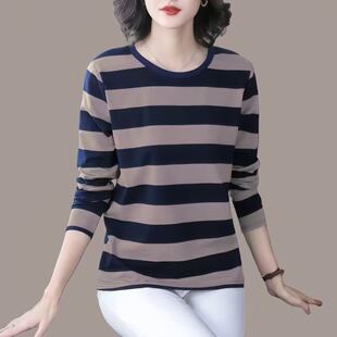 宽松遮肚打底衫 纯棉条纹长袖 大码 中老年妈妈装 上衣 t恤女春秋新款