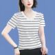 t恤夏季 新款 女V领半袖 纯棉条纹短袖 中年妈妈宽松大码 显瘦遮肉上衣