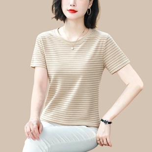 韩版百搭纯棉短袖t恤女士夏季新款时尚妈妈装宽松大码条纹上衣服