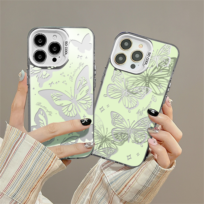 新款彩银适用苹果15promax手机壳iPhone14/13/12/11华为mt60荣耀oppo小米14薄荷曼波绿色蝴蝶彩银少女手机壳