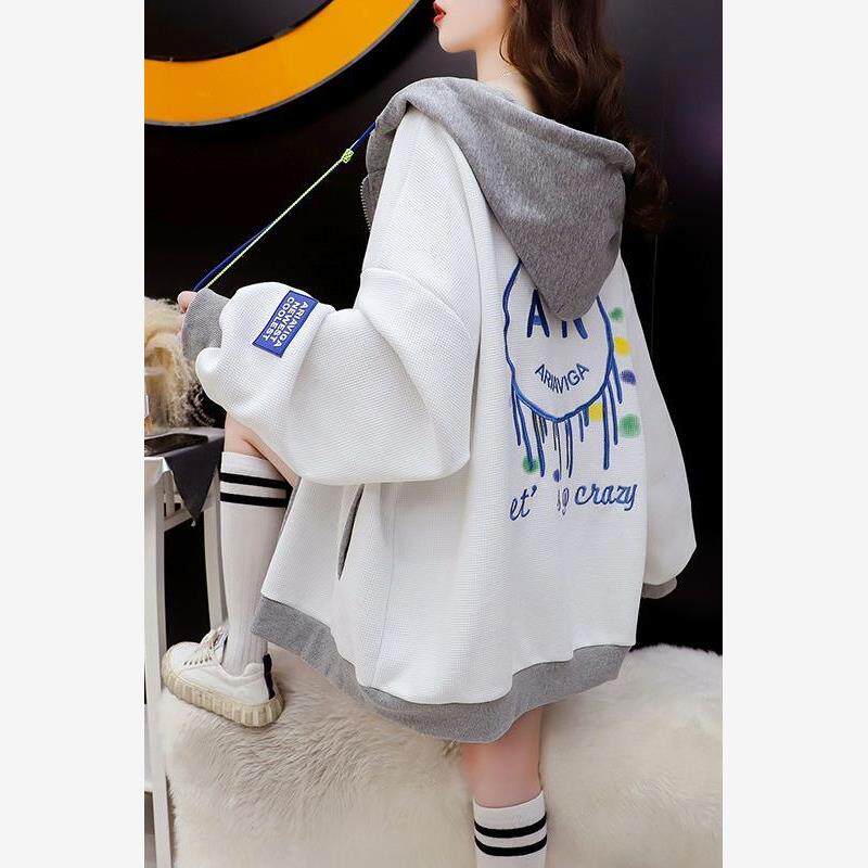 慵懒风洋气连帽卫衣女学生春秋季薄款宽松大码休闲开衫加绒外套女