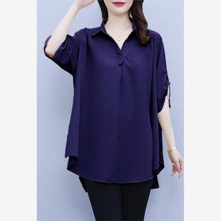 衬衫女大码2023新款胖mm夏装宽松遮肚小衫妈妈短袖上衣气质雪纺衫