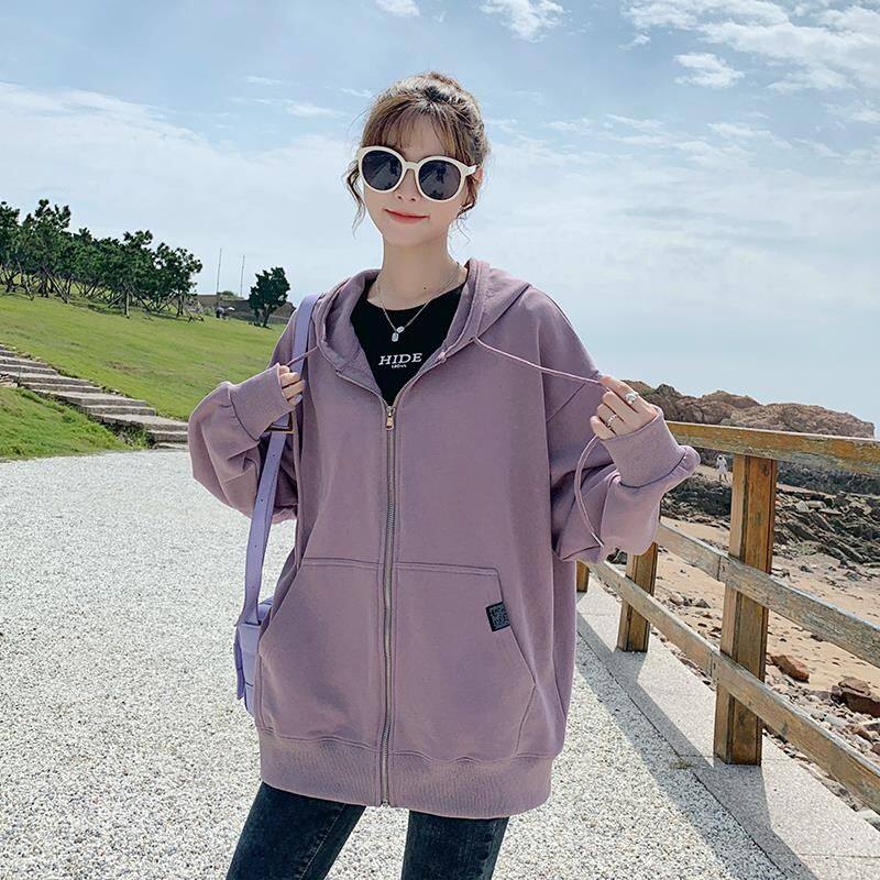 紫色拉链卫衣女连帽开衫2023新款ins春秋韩版宽松慵懒风休闲外套