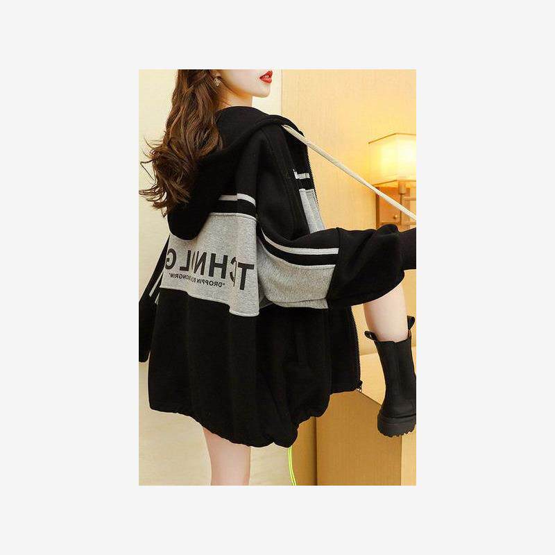 慵懒风开衫连帽卫衣女加绒韩版宽松大码拉链春秋季薄款外套ins潮