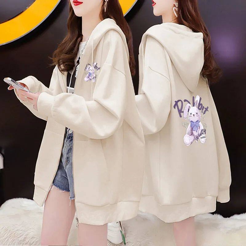 开衫外套女薄款2023新款韩版春秋季宽松胖mm200斤大码连帽卫衣潮