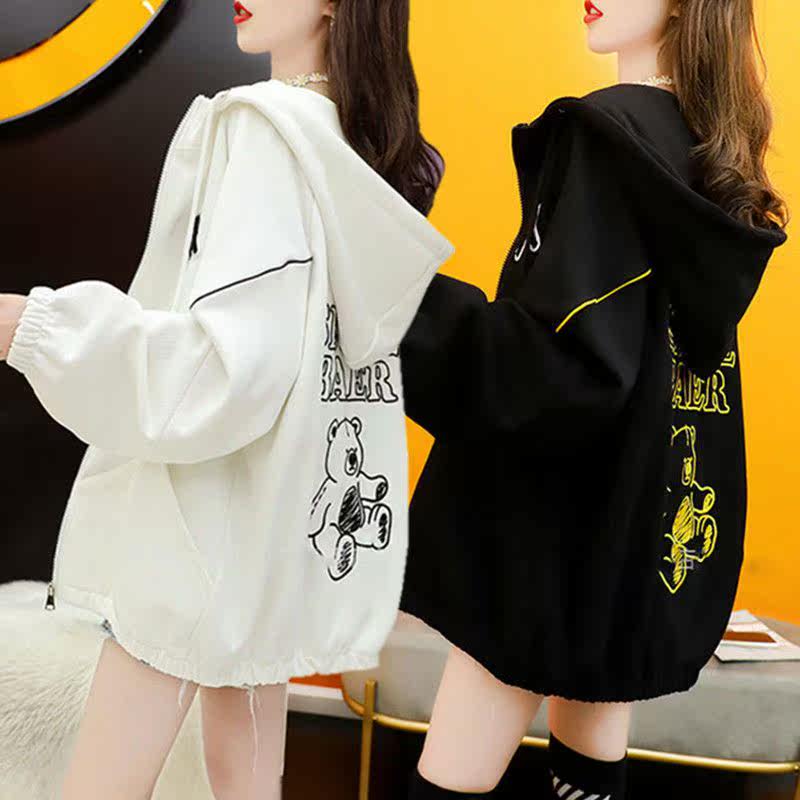 慵懒风外穿连帽卫衣女学生春秋薄款宽松大码休闲开衫棒球服外套女