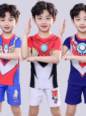 奥特曼衣服儿童夏装男童家居服纯棉短袖套装薄款睡衣蜘蛛侠童装潮