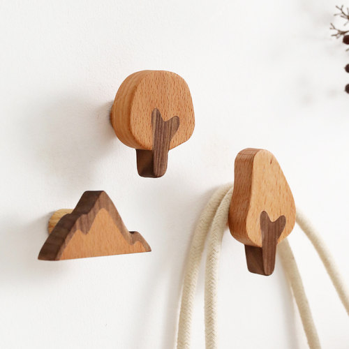 北欧乡村创意挂钩免打孔实木粘钩田园装饰壁挂收纳挂衣钩衣帽钩