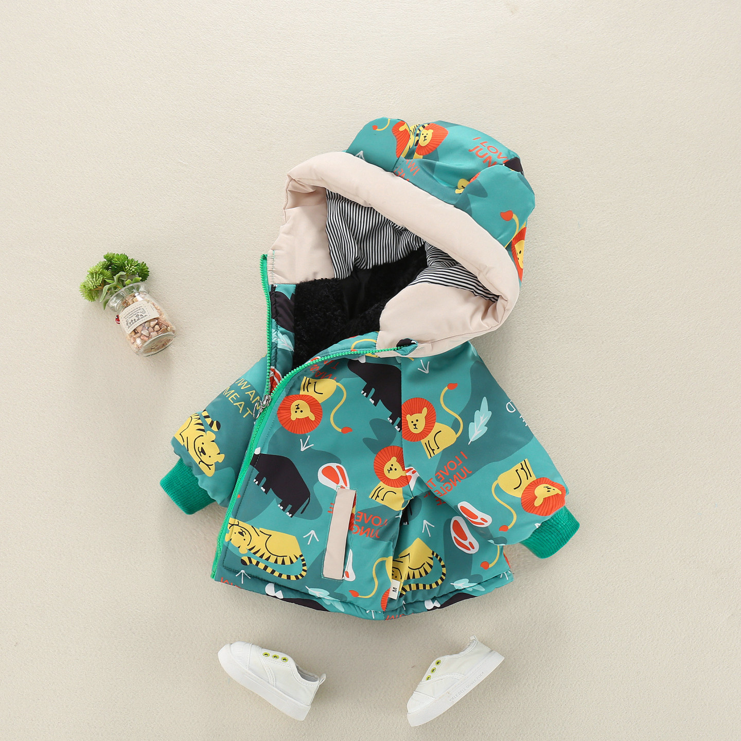 男童卡通印花连帽棉服冬季加厚保暖儿童冬装外套一岁婴儿宝宝棉衣