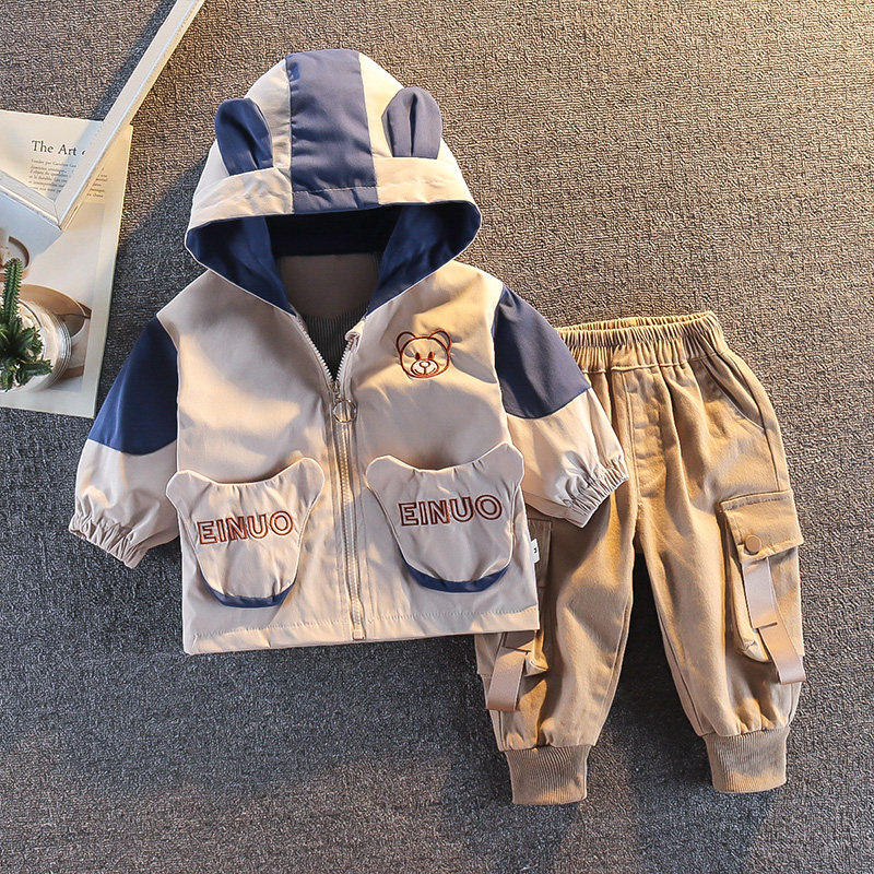 宝宝春装套装2026新款卡通风男童连帽外套春秋款工装裤童装两件套
